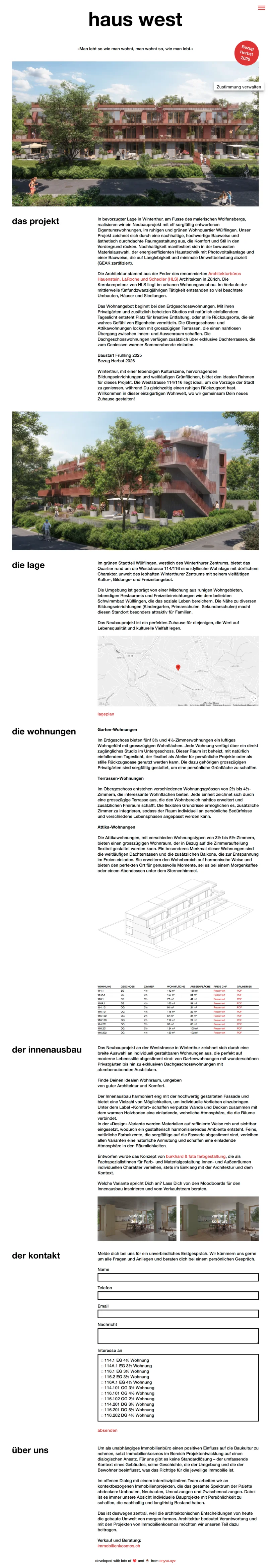 Ausschnitt der Website von Haus West